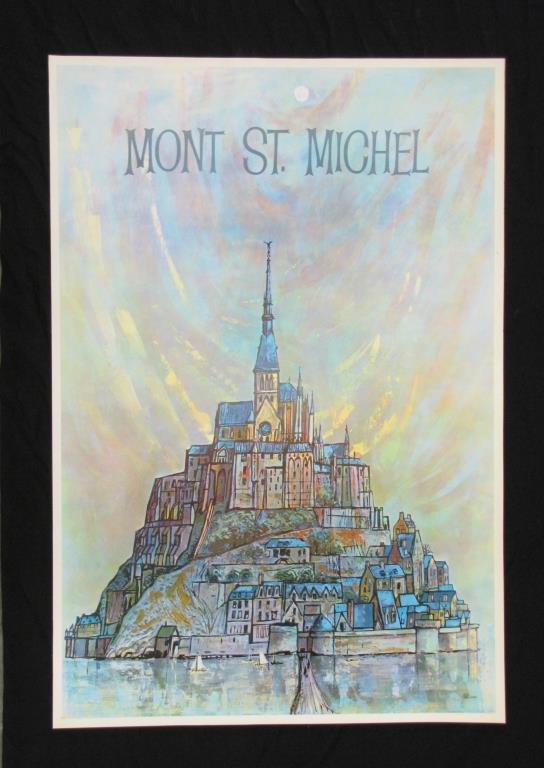 Vintage Travel Poster, Mont St Michel: A vintage 1960s travel poster, depicting Abbey at Mont St Michel, artist: Earl Thollander, 37.5 x 25.5, good condition (pin holes in corners)