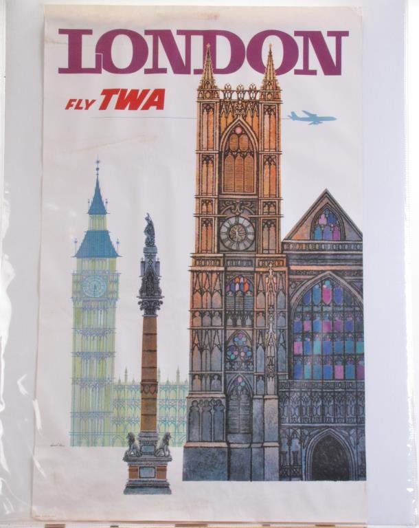 TWA London Travel Poster: A vintage 1960s TWA travel poster, London, Fly TWA, art by David F. Klein (CA,NY 1918-2005), #1065, depicting Westminster Abbey and Big Ben, 40 x 25, condition: some image and border staining, unbacke