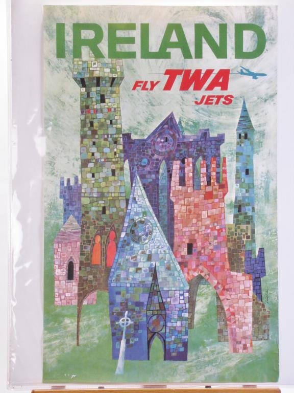 TWA Ireland Travel Poster: A Vintage 1960s TWA travel poster, Ireland, Fly TWA Jets, art by David F. Klein (CA,NY 1918-2005), #1077, depicting castles, 40 x 25, condition: good, minor wear lower right and left corner, unbacked