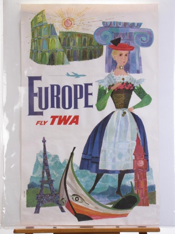 TWA Europe Travel Poster: A vintage 1960s TWA travel poster, Europe, Fly TWA, art by David F. Klein (CA,NY 1918-2005), #1070, depicting a woman in traditional attire and various European landmarks, 40 x 25, condition: some min