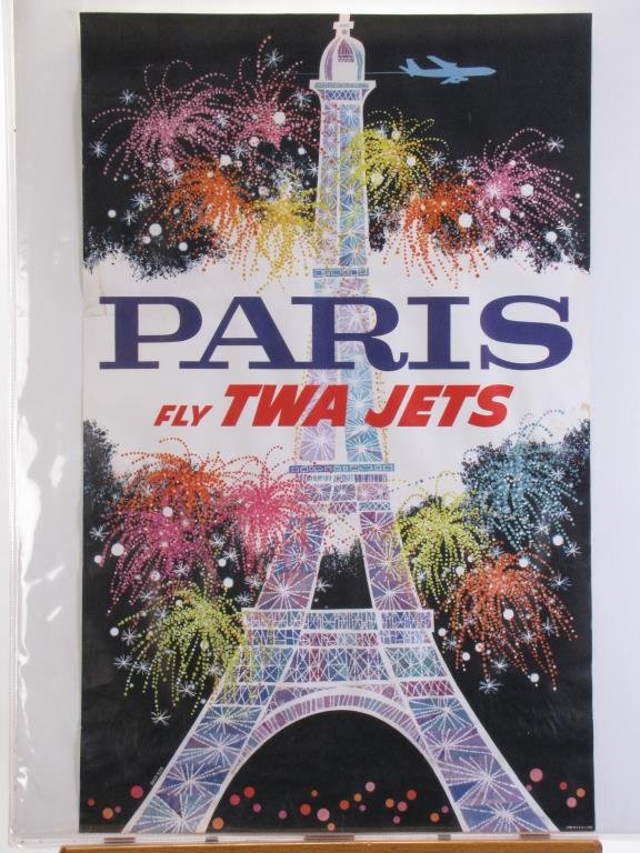 TWA Paris Travel Poster: A vintage 1960s TWA travel Poster, Paris, Fly TWA Jets, art by David F. Klein (CA,NY 1918-2005), #1062, depicting the Eiffel Tower and fireworks, 40 x 25, condition: some minor creasing and staining, 