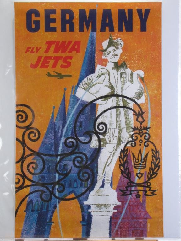 TWA Germany Travel Poster: A vintage 1960s TWA travel poster, Germany, Fly TWA Jets, art by David F. Klein (CA,NY 1918-2005), #1067, depicting the Hohenschwangau Fountain, 40 x 25, condition: good, minor creasing, unbacked