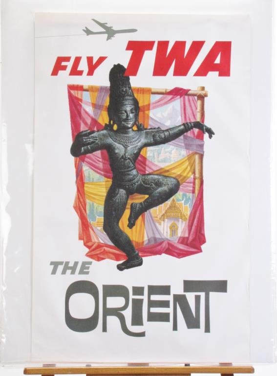 TWA The Orient Travel Poster: A vintage 1960s TWA Travel Poster, The Orient, Fly TWA, art by David F. Klein (CA,NY 1918-2005), #1053, unsigned, depicting depicting Hindu deity, 40 x 25, condition: good, minor staining on top and s