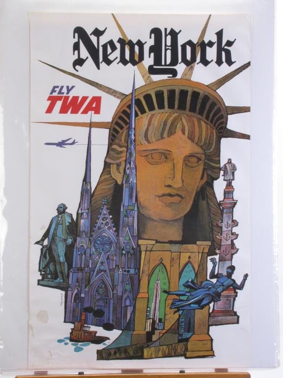 TWA New York Travel Poster: A vintage 1960s TWA travel poster, New York, Fly TWA, art by David F. Klein (CA,NY 1918-2005), #4-1090, depicting Lady Liberty and St Patrick's Cathedral, 40 x 25, condition: some staining on lower th
