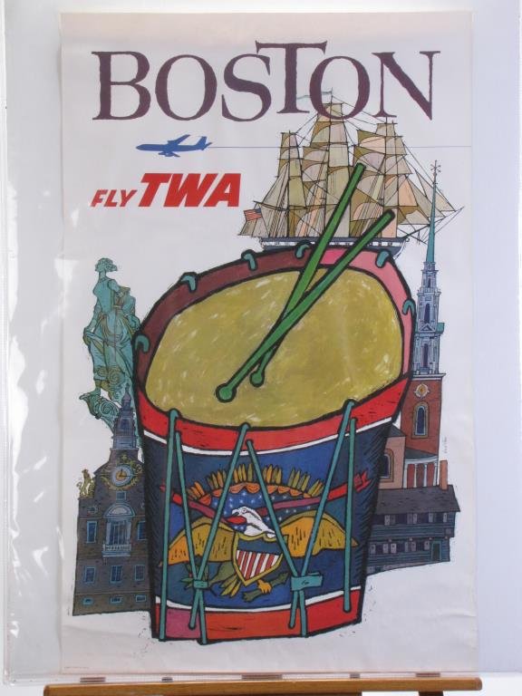 TWA Boston Travel Poster: A vintage 1960s TWA travel poster, Boston, Fly TWA, art by David F. Klein (CA,NY 1918-2005), #1069, depicting a patriotic drum, ship and monuments, 40 x 25, condition: good, minor creasing, unbacked