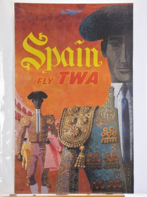 TWA Spain Travel Poster: A vintage 1960s TWA travel poster, Spain, Fly TWA, art by David F. Klein (CA,NY 1918-2005), #1031, depicting bull fighters, 40 x 25, condition: laminated, pin holes in corners, some staining, unbacked