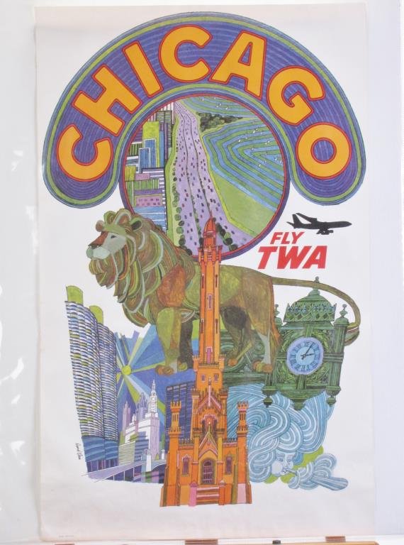 TWA Chicago Travel Poster: A vintage 1960s TWA travel poster, Chicago, Fly TWA, art by David F. Klein (CA,NY 1918-2005), #4-1094, depicting the Dan Ryan Expressway and various city monuments, 40 x 25, condition: good, minor sta