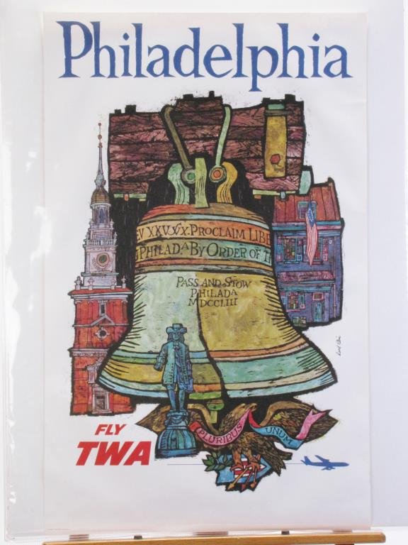 TWA Philadelphia Travel Poster: A Vintage 1960s TWA travel poster, Philadelphia, Fly TWA, art by David F. Klein (CA,NY 1918-2005), #4-1080, depicting the Liberty Bell and city monuments, 40 x 25, condition: good, minor creasing, unb