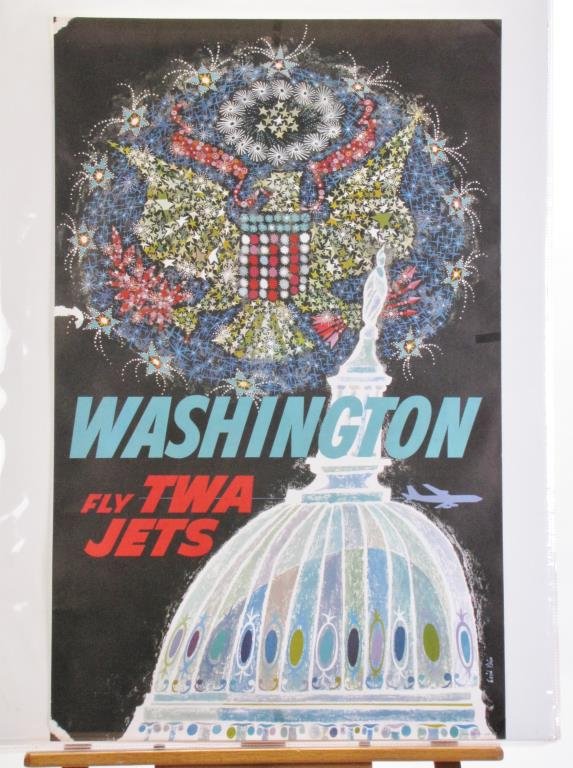 TWA Washington D.C. Travel Poster: A vintage 1960s TWA travel poster, Washington, Fly TWA Jets, art by David F. Klein (CA,NY 1918-2005), #1068, depicting the Capital Dome and eagle, 40 x 25, condition: some image loss on left side corn
