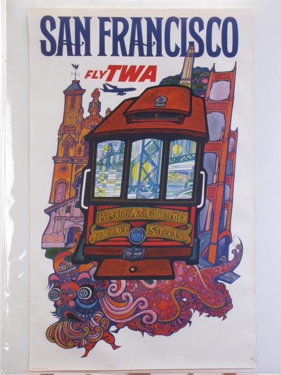 TWA San Francisco Travel Poster: A vintage 1960s TWA travel poster, San Francisco, Fly TWA, Presidio Ave, California & Market Streets, art by David F. Klein (CA,NY 1918-2005), #4-1096, depicting a trolley car and Golden Gate Bridge, 