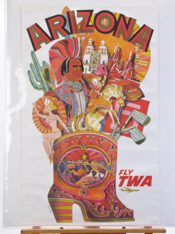 TWA Arizona Travel Poster: A vintage 1960s TWA travel poster, Arizona, Fly TWA, art by David F. Klein (CA,NY 1918-2005), #4-1103, depicting a boot filled with: golf clubs, cowboy, showgirl, Native American and landscape, 40 x 2
