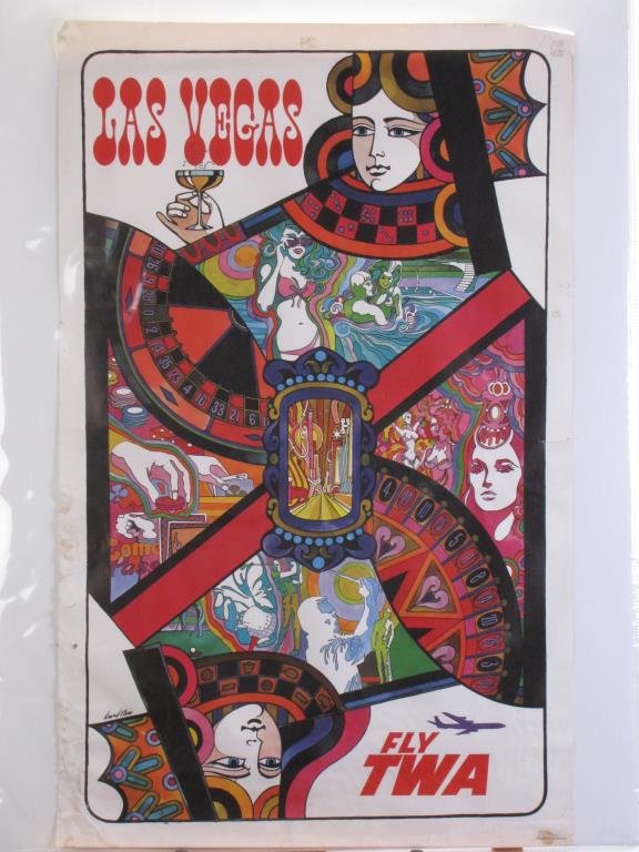 TWA Las Vegas Travel Poster: A vintage 1960s travel poster, Las Vegas, Fly TWA, art by David F. Klein (CA,NY 1918-2005), #4-1099, depicting playing cards, showgirls, golf and the Las Vegas Strip, 40 x 25, condition: staining and 