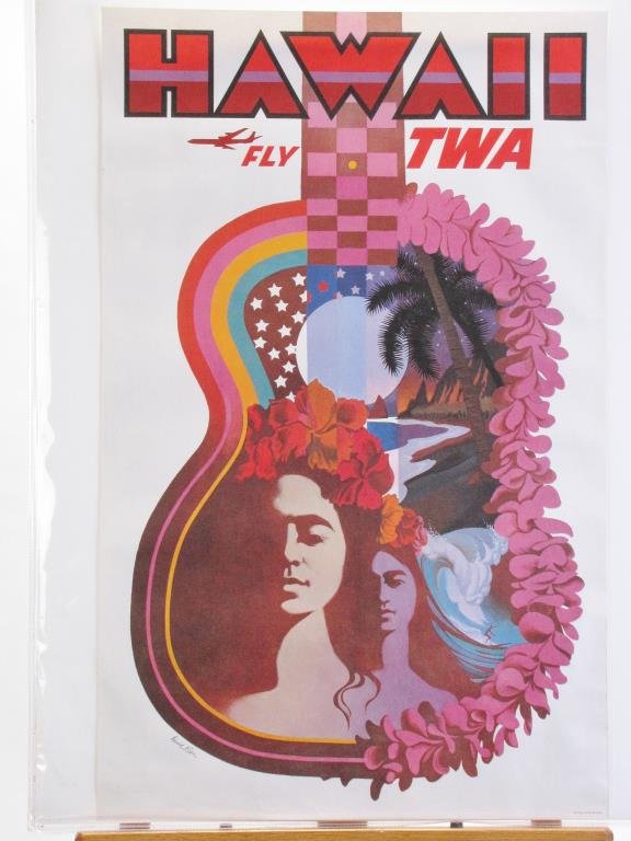 TWA Hawaii Travel Poster: A vintage 1960s TWA travel poster, Hawaii, Fly TWA, art by David F. Klein (CA,NY 1918-2005), #4-1105, depicting a guitar with native Hawaiians, beach and surfer, 40 x 25, condition: good, minor crease