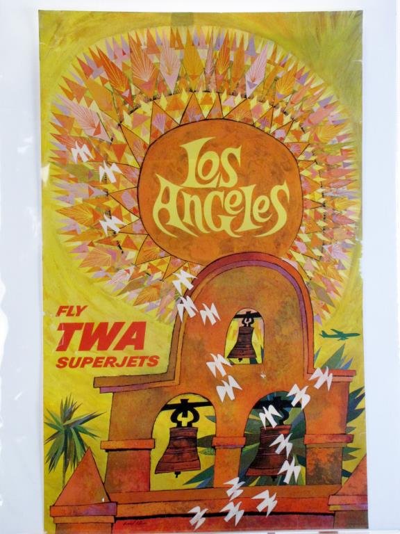 TWA Los Angeles Travel Poster: A vintage 1960s TWA travel poster, Los Angeles, Fly TWA Superjets, art by David F. Klein (CA,NY 1918-2005), #1078, depicting Olvera Street Marketplace, sun and birds, 40 x 25, condition: laminated, te