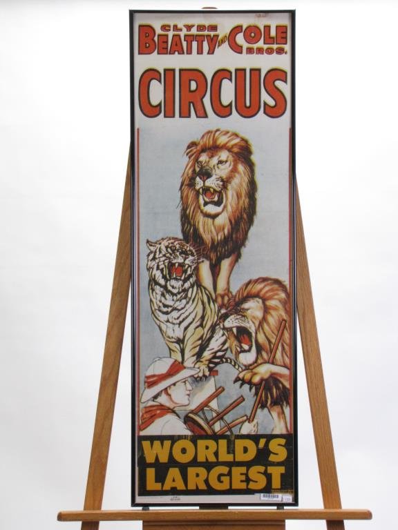 Vintage Clyde Beatty and Cole Bros. Circus Poster: Vintage Clyde Beatty and Cole Bros. Circus Poster, "World's Largest", depicting lions and loin tamer, c. 1965, Acme show print-Hugo, Oklahoma, framed under glass, 42" x 14" condition: fold creasing, t