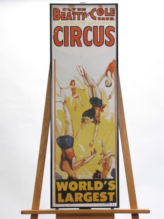 Vintage Clyde Beatty and Cole Bros. Circus Poster: Vintage Clyde Beatty and Cole Bros. Circus Poster, "World's Largest", depicting trapeze performers, c.1965, Acme show print, Hugo, Oklahoma, framed under glass, 42" x 14" condition: fold creasing, tap