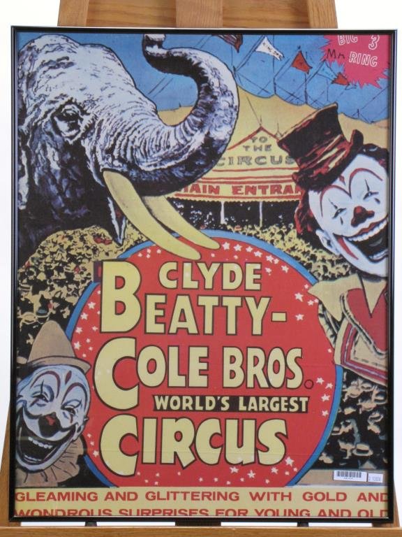 Vintage Clyde Beatty and Cole Bros. Circus Poster: Vintage Clyde Beatty and Cole Bros. Circus Poster, "World's Largest", "Gleaming and Glittering Wondrous Surprises for Young and Old", "Big 3 Ring", depicting clowns and elephant, c.1960's, framed unde