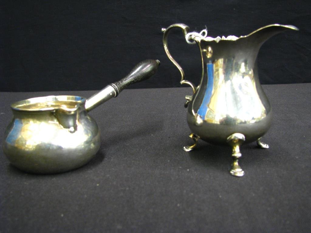 Coin Silver Sauce Boat and Creamer: Coin silver Sauce Boat and Creamer, Henry Biershing Hagerstown, MD sauce boat with carved wood handle, c.1815-1843, marked "HB", John Reynolds Hagerstown, MD creamer, c.1790-1832, marked "JR", 4.25 ta