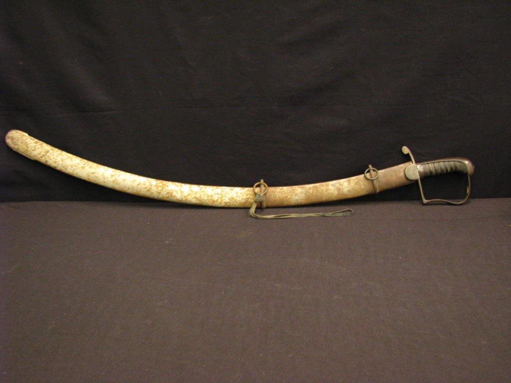 1796 Blucher Pattern Officer's Sword and Scabbard: A 1796 Blucher Pattern, Light Cavalry Officer's sword and scabbard, having a wire-wrapped, leather handle and iron P guard, 30" curved blade with bluing and gold etching, scabbard with considerable ox