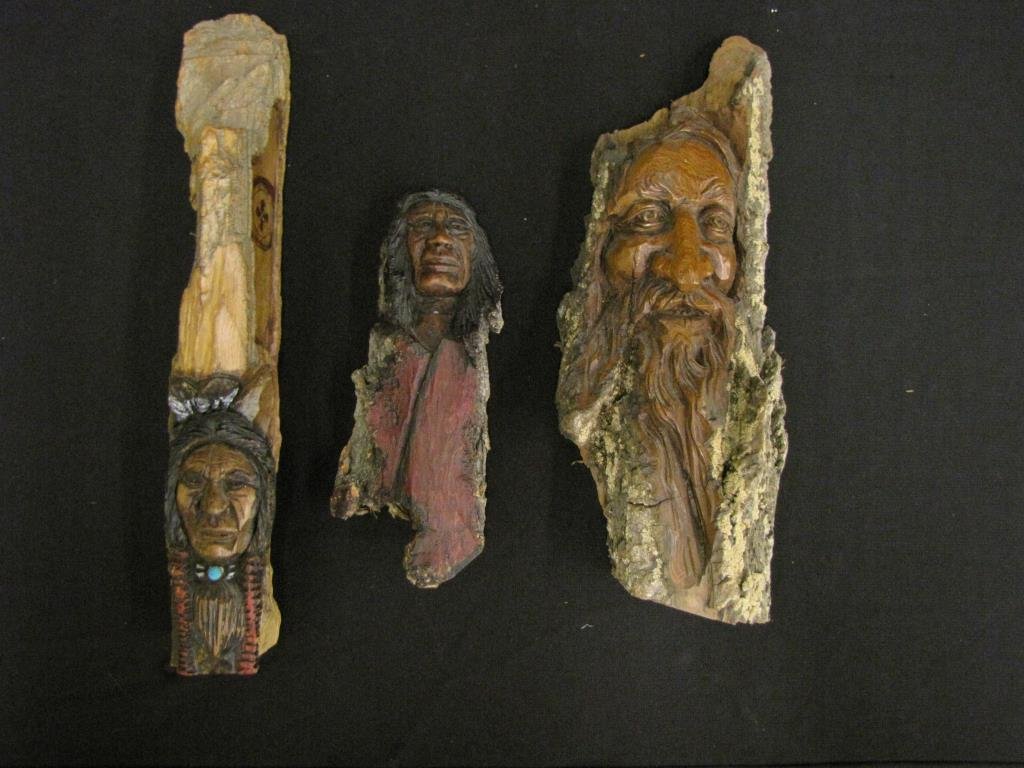 Group of American Indian Cedar Wood Carvings: Group of American Indian Cedar Wood Carvings, three total, depicting native American Indian portraits, including two signed "Ledford" and one by John Van Dyke, 9"-15"