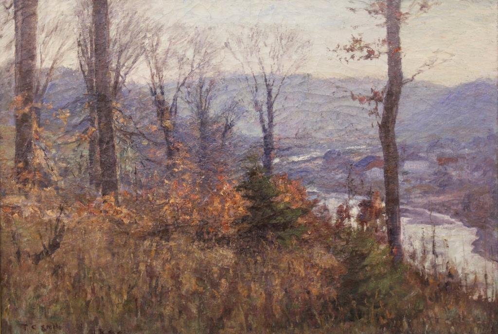 Theodore Clement Steele 22x32 O/C The Whitewater: Theodore Clement Steele (IN, 1847-1926) 22x32 , O/C , signed lower left, 1899 , The Whitewater , Depicting: View of Brookville on the riverfront , Inscribed: tag attached verso Provenance: obtained by