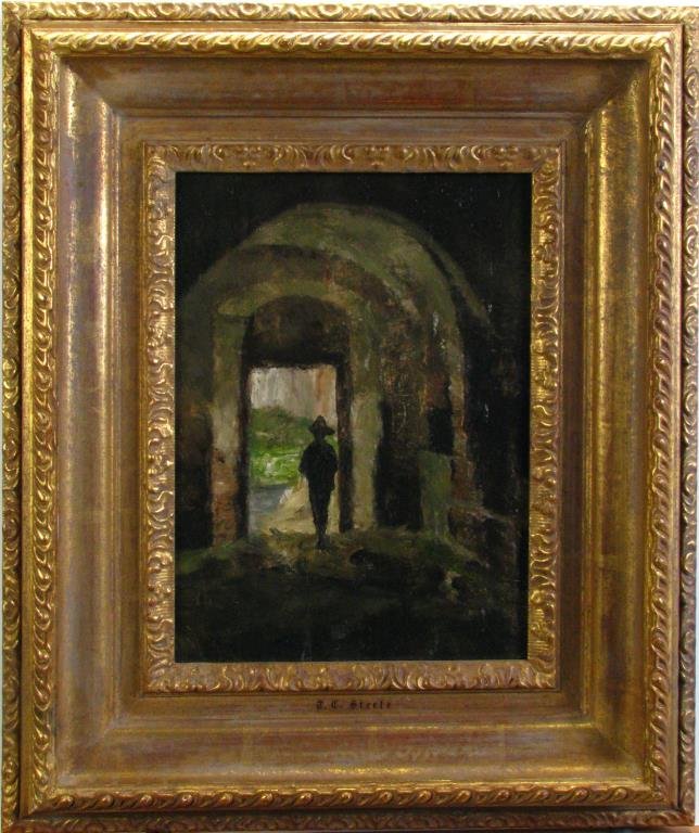 Theodore Clement Steele 12.5x9 O/B Munich Figure: Theodore Clement Steele (IN, 1847-1926) 12.5x9 , O/B , Unsigned , Munich Figure , Depicting: Cloister, Figure in Doorway Provenance: '84 Exhibition Tag Verso size as framed 20 x 16.5