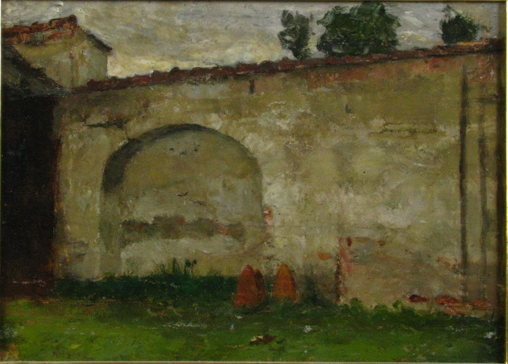 Theodore Clement Steele 9x12.5 O/B Munich Arch: Theodore Clement Steele (IN, 1847-1926) 9x12.5 , O/B , Unsigned , Munich Arch , Depicting: Cloister, Wall with Arch size as framed 15.75 x 19.25