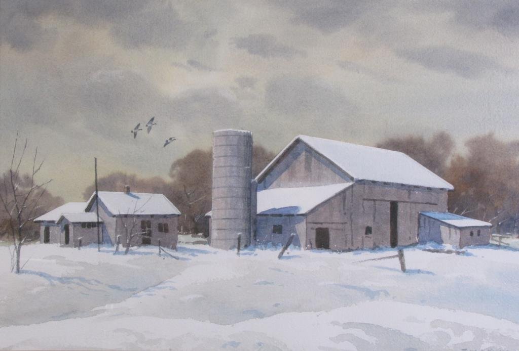 Floyd D Hopper 14x21 WC Farm in Winter: Floyd D Hopper (IN, 1909-1984) 14x21 , WC , signed lower right , Farm in Winter , Depicting: Landscape with rural homestead size as framed 23 x 29