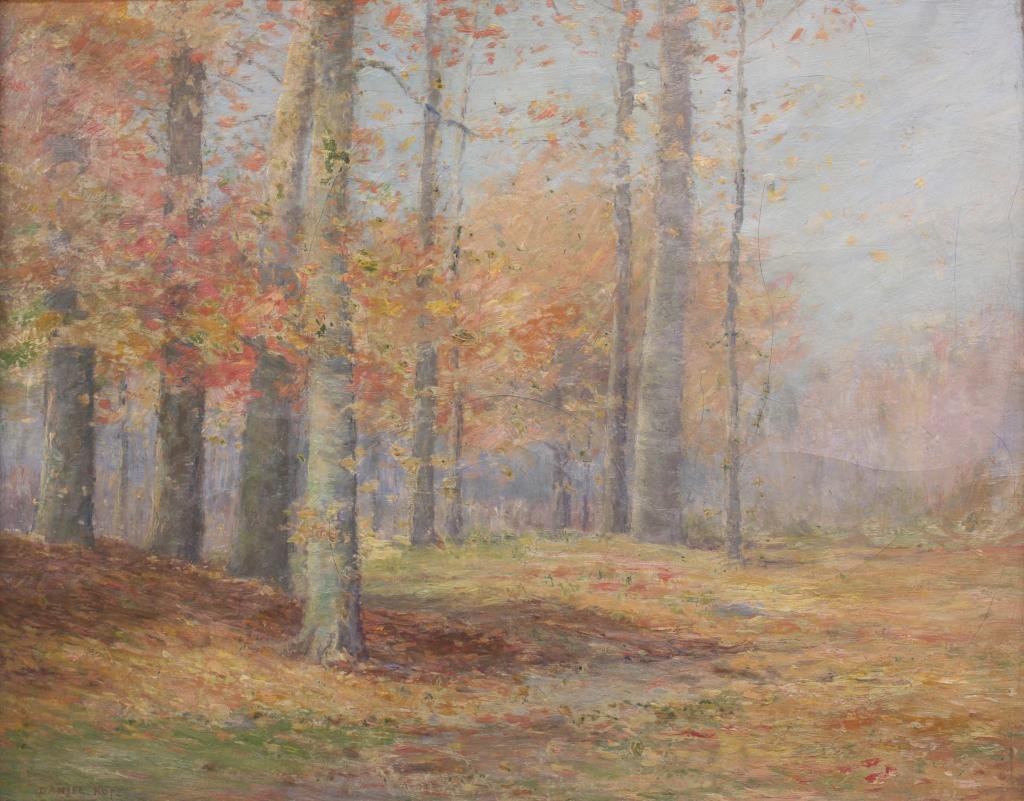 Daniel Kotz 16x20 O/C "Michigan Woods": Daniel Kotz (NY, NJ, IN 1848 - 1933) 16x20 , O/C , SLL , "Michigan Woods" , Depicting: Autumn Landscape , Inscribed: title inscribed verso 20" x 24", size as framed