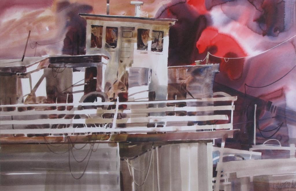 Irving Shapiro 18x27 WC Houseboat: Irving Shapiro (IL, 1927-1994) 18x27 , WC , signed lower right , Houseboat