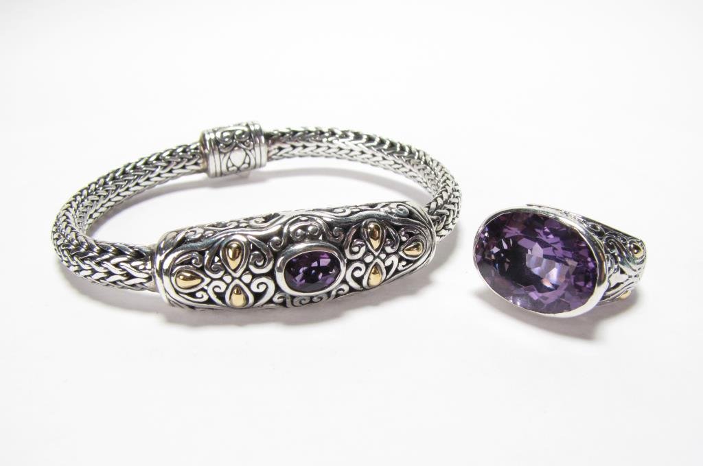 Behnam Jewelry .925/18K Amethyst Bracelet & Ring: Behnam Jewelry Company bracelet and ring including sterling silver wheat chain style bracelet with oval amethyst stone and 18K yellow gold decoration, 7.5" long, 27.4dwt; with matching ring also in st