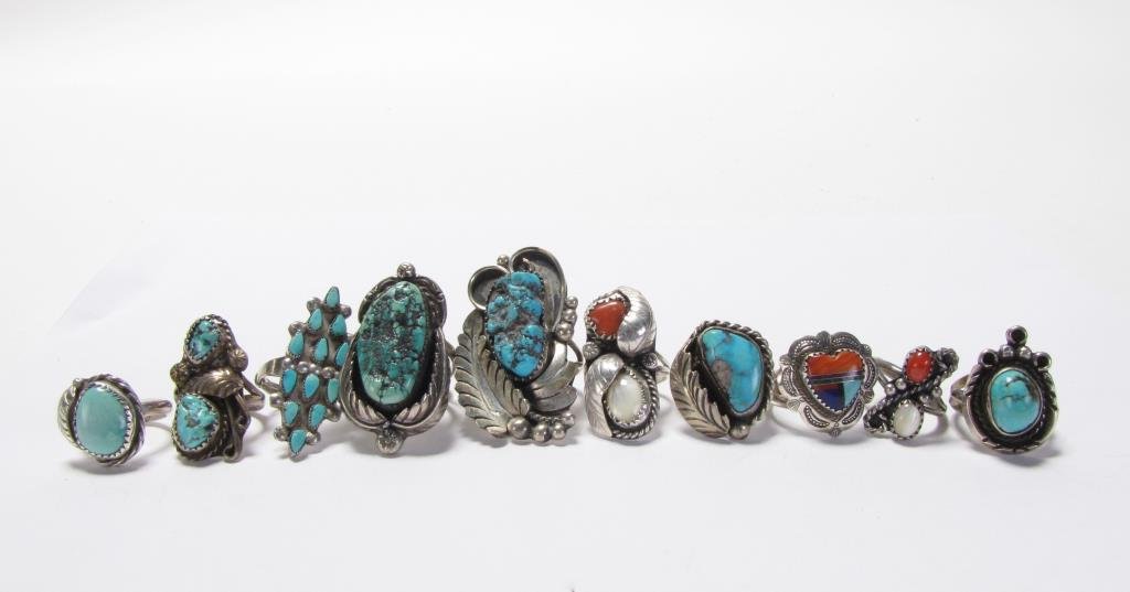 Ten Southwest Silver Rings, Turquoise: Ten Southwest silver rings including silver ring marked NC with Mother of Pearl and coral stones, 4.6dwt, size 5.75; Quoc Turquoise Concho heart ring with inlaid sugilite, malachite, turquoise, coral