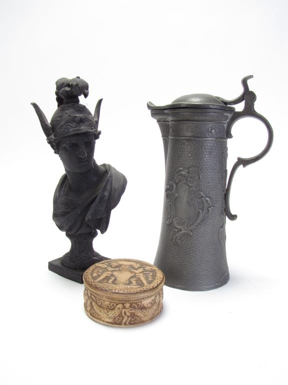 Group of Decorative Antique Items: A group of antique items, including a hammered pewter lidded tankard, 10.5"h, a stoneware lidded Italian dresser box with figural decor, and a cast iron figural finial depicting Mercury