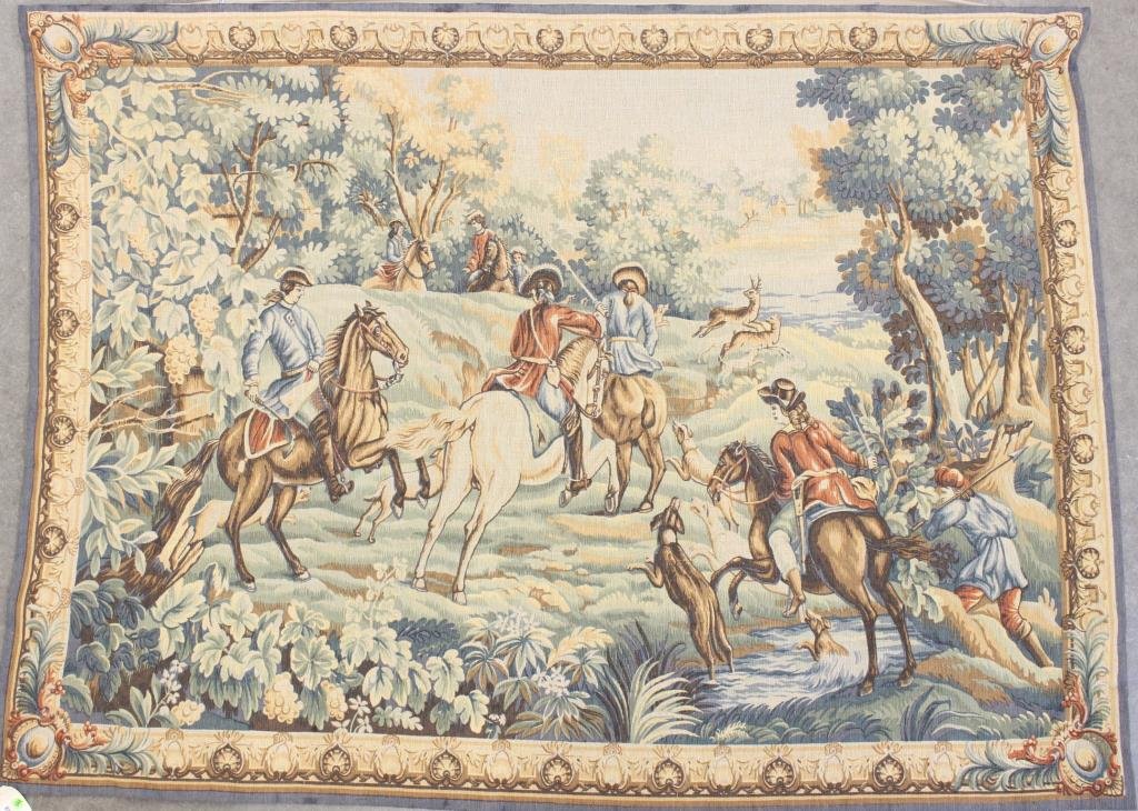 French Aubusson Tapestry, Robert Four: French Aubusson tapestry, Chares a Coune, limited edition #349, by Robert Four, French-Aubusson (tag verso) depicting a hunt scene, 54" x 71", ca late 20th century