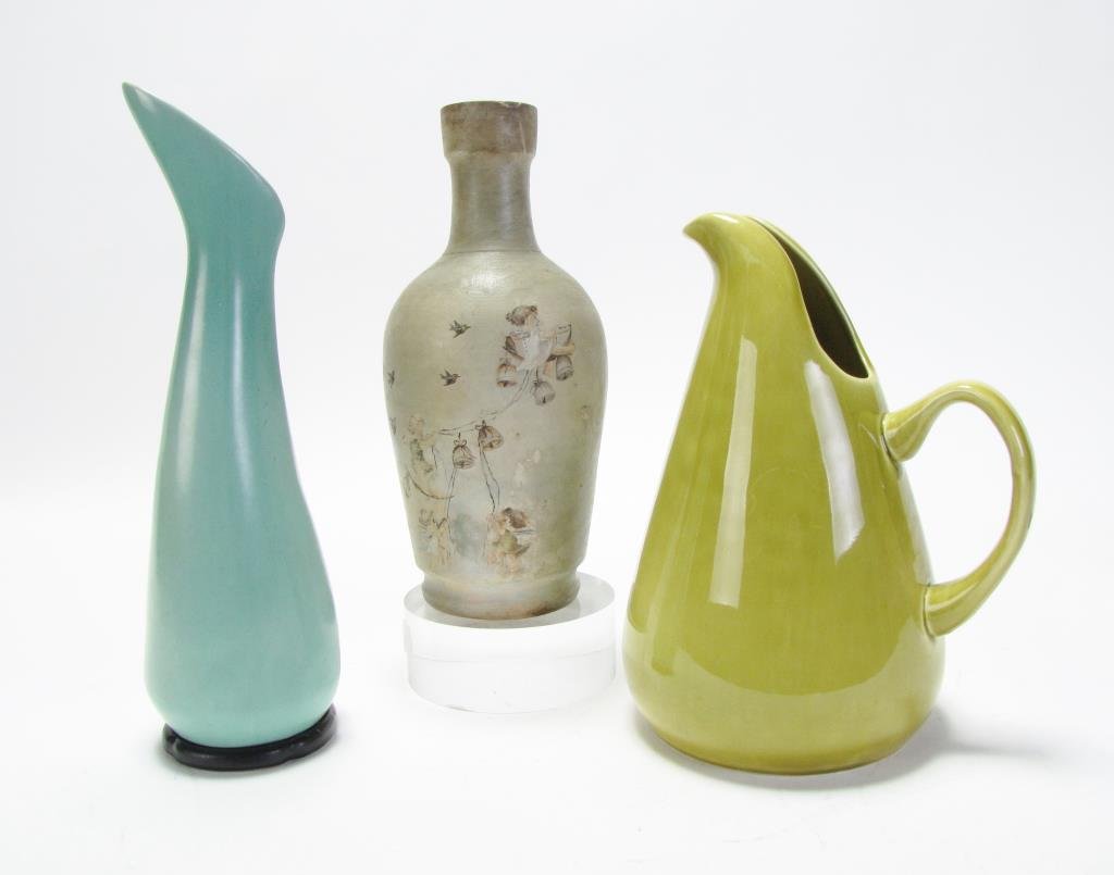 Vintage Pottery and Ceramic Pottery Grouping: A vintage grouping, including Russel Wright ceramic mid-century pitcher with celery glaze; a Frankoma pottery ewer, 13.5"h; and an unmarked antique pottery bottle with figure and bird motif painted de
