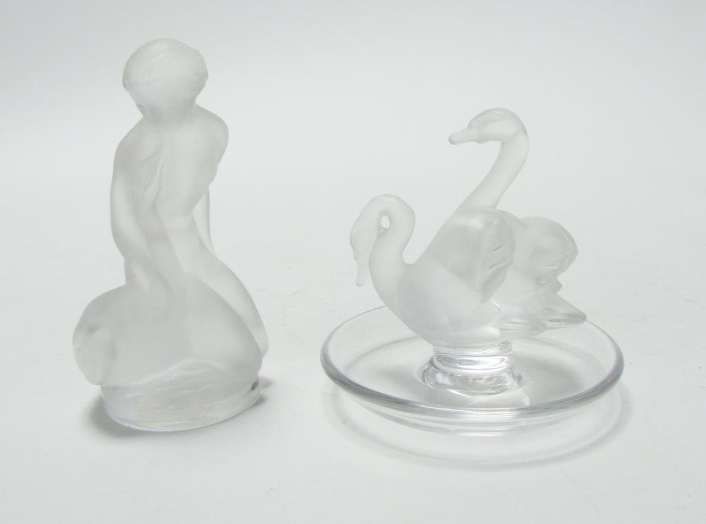 Two Items Lalique Crystal: Two items Lalique crystal, including ring holder with two swans, and art deco style nude with swan, both signed Lalique, France