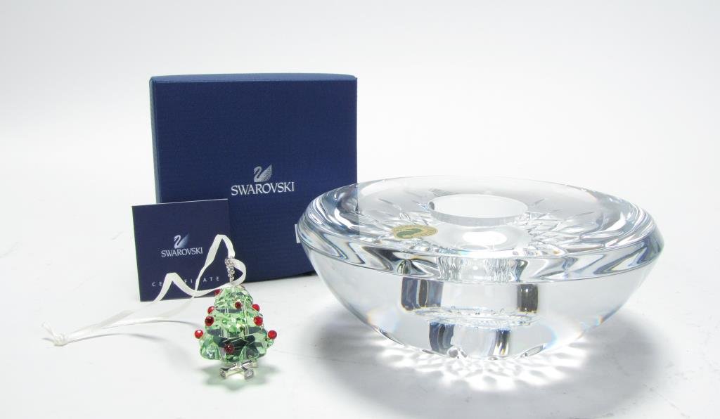 Waterford and Swarovski Crystal: Two items crystal, including Waterford Lismore candleholder, 6" diameter, signed by Master Cutter Michael Vereker, and a Swarovski Christmas Tree ornament