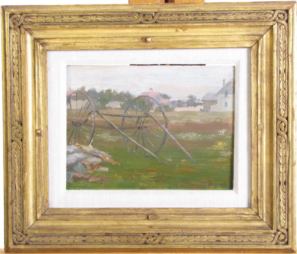 C Curry Bohm 6x8 O/B Buggy Frame: C Curry Bohm (IN, 1894-1971) 6x8 , O/B , signed lower right , Buggy Frame depicting front of a horse-drawn buggy, at outskirts of village