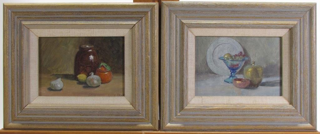 Genevieve Goth Graf (2) 5x7 O/B Still Life: Genevieve Goth Graf (IN, 1880-1961) (2) 5x7 , O/B , both signed , Still Life depicting: 1- glass bowl with fruit, 2- two jars, lemon and onions