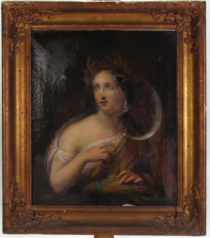 School of Jacob Cox 29.5x25 O/C Demeter, Goddess: School of Jacob Cox (IN, 1810-1892) 29.5x25 , O/C , unsigned , Demeter, Goddess , Depicting: the mythological goddess of grain Condition: previous relining, inpainting; some current paint loss
