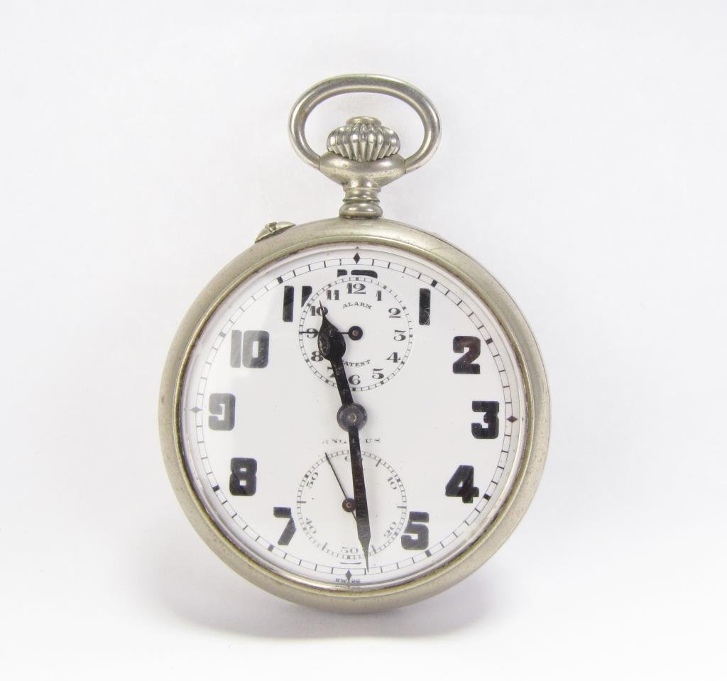 Angelus Pocket Watch w/ Alarm: Angelus pocket watch, with alarm, in silver case, with a 15 jewel, four adjustment Swiss movement