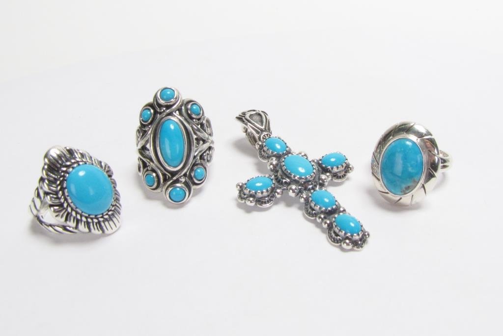 Turquoise Silver Rings and Pendant, Pollack, Taxco: A Relios, Carolyn Pollack American West Collection .925 Cross pendant with six oval turquoise; 2.25" x 1.25" ; Taxco Ring marked C.I.I., Mexico, with 14mmx10mm oval turquoise, size 8; Carolyn Pollack 