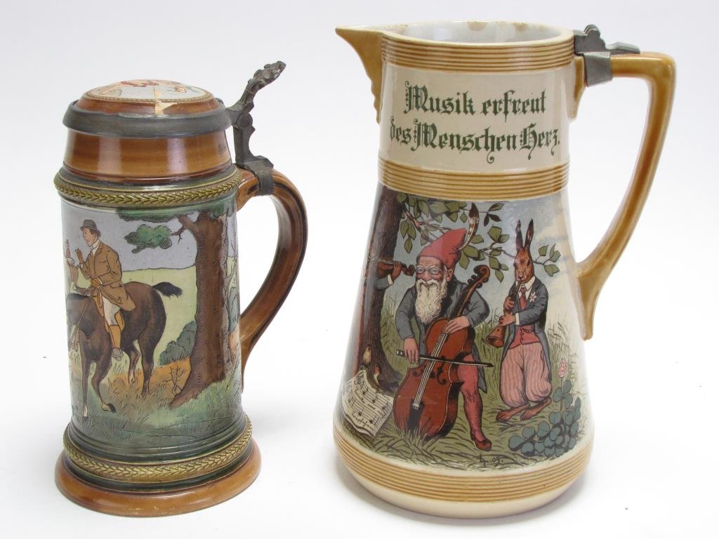 Mettlach and German Lidded Steins: Mettlach and German Lidded Steins, Mettlach Ges.Gesch #3257, depicting gnome and animal musicians, hallmarked on bottom, German lidded stein, .5 liter, hunters on horseback, 8"-9" tall condition: Mett