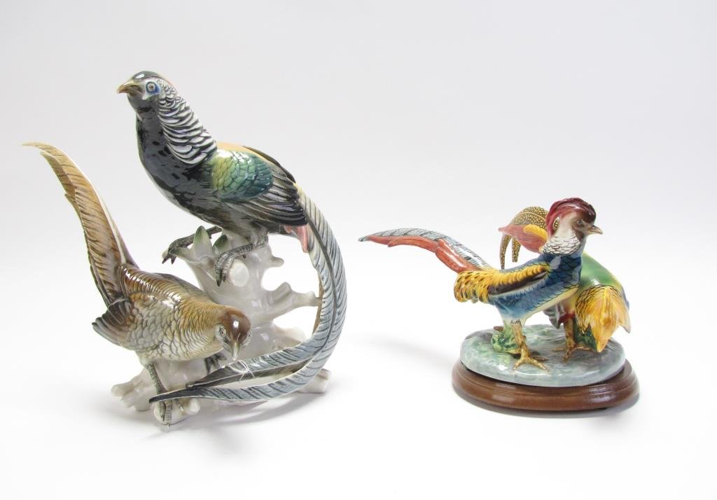 Two Porcelain Bird Figures: Two porcelain bird figures, including Italian Capodimonte style pair of field birds, 6"h, and two bird grouping, German, 11"h