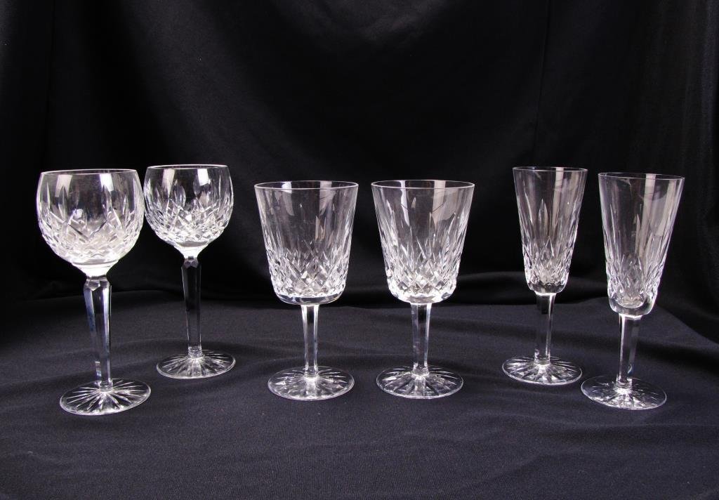 Set of Waterford 'Lismore' Stemware: Set of Waterford 'Lismore' Stemware, 22 total, eight red wine, eight champagne, six water goblets, slight variations in pattern and stem and base sizes, all marked, 6.75"-7.5"