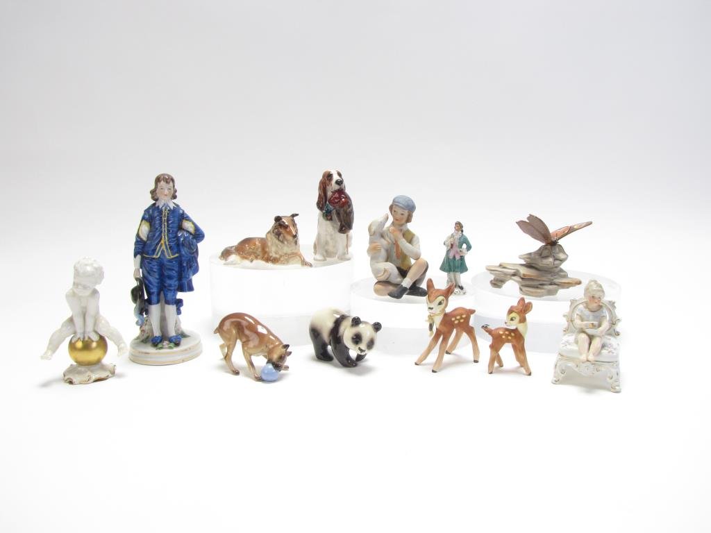 Group of Porcelain Figurines: Group of Porcelain Figurines, 12 total, including: panda bear, 2 "Bambi", collie, boxer and ball, Royal Doulton Brittany, boy with dog, seated child with cup, miniature male figure in period attire, H