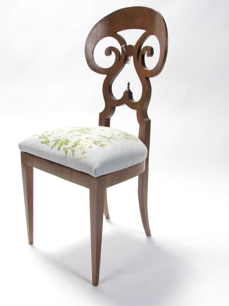 Biedermeier Style Side Chair: A Biedermeier style side chair with upholstered seat (light sun fading on back of chair), 39"h