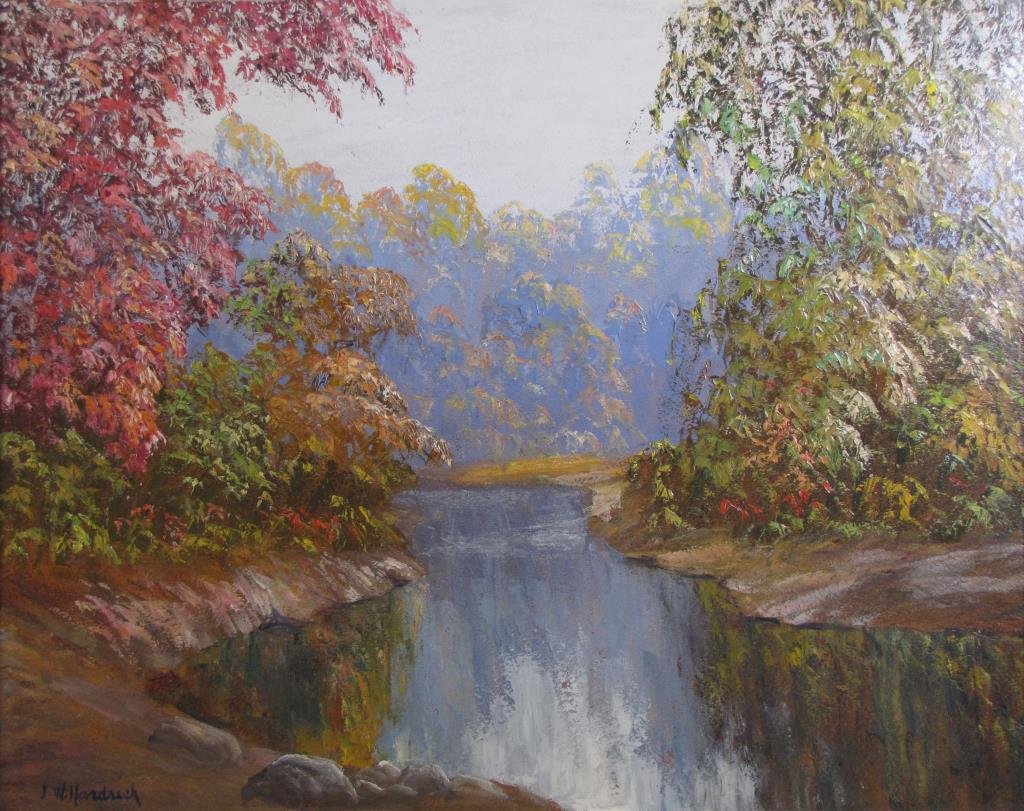 John Wesley Hardrick 24x30 O/B Autumn Creek: John Wesley Hardrick (IN, 1891-1968) 24x30 , O/B , signed lower left , Autumn Creek
