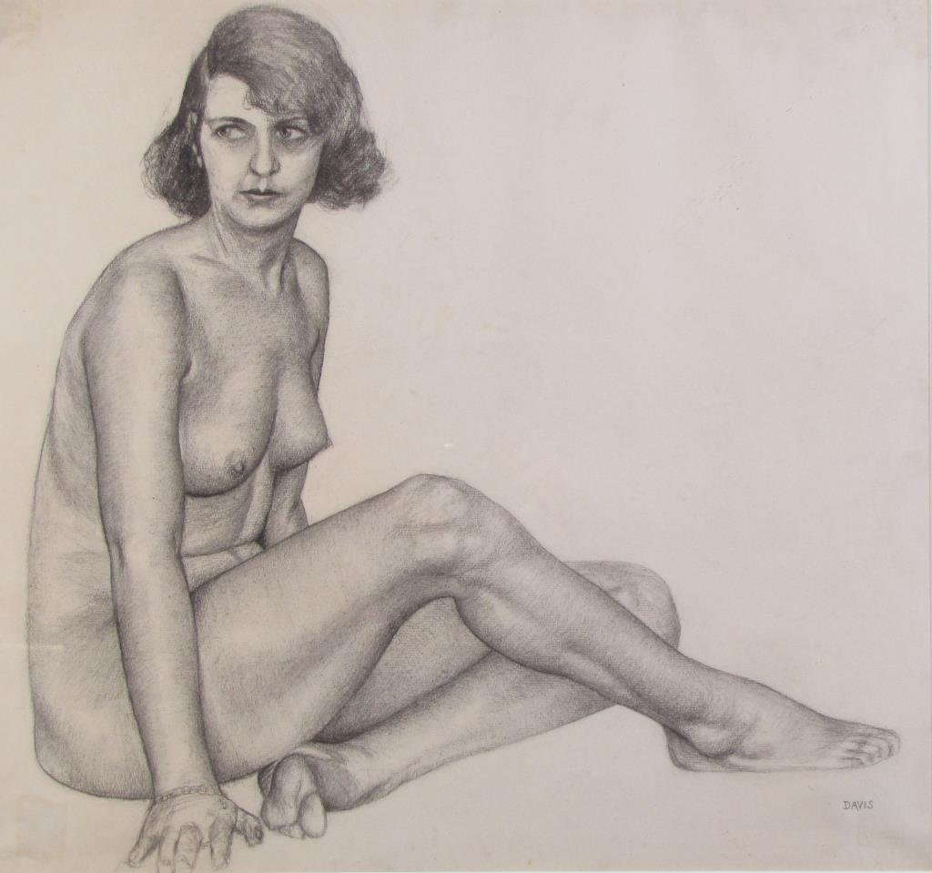 Harry A. Davis 19.5x20.5 Charcoal "Female Model...: Harry A. Davis (IN, 1914 - 2006) 19.5x20.5 , Charcoal , SLR , "Female Model..." Provenance: Estate of the artist inscribed and titled verso "Female Model with Bracelet 1938"