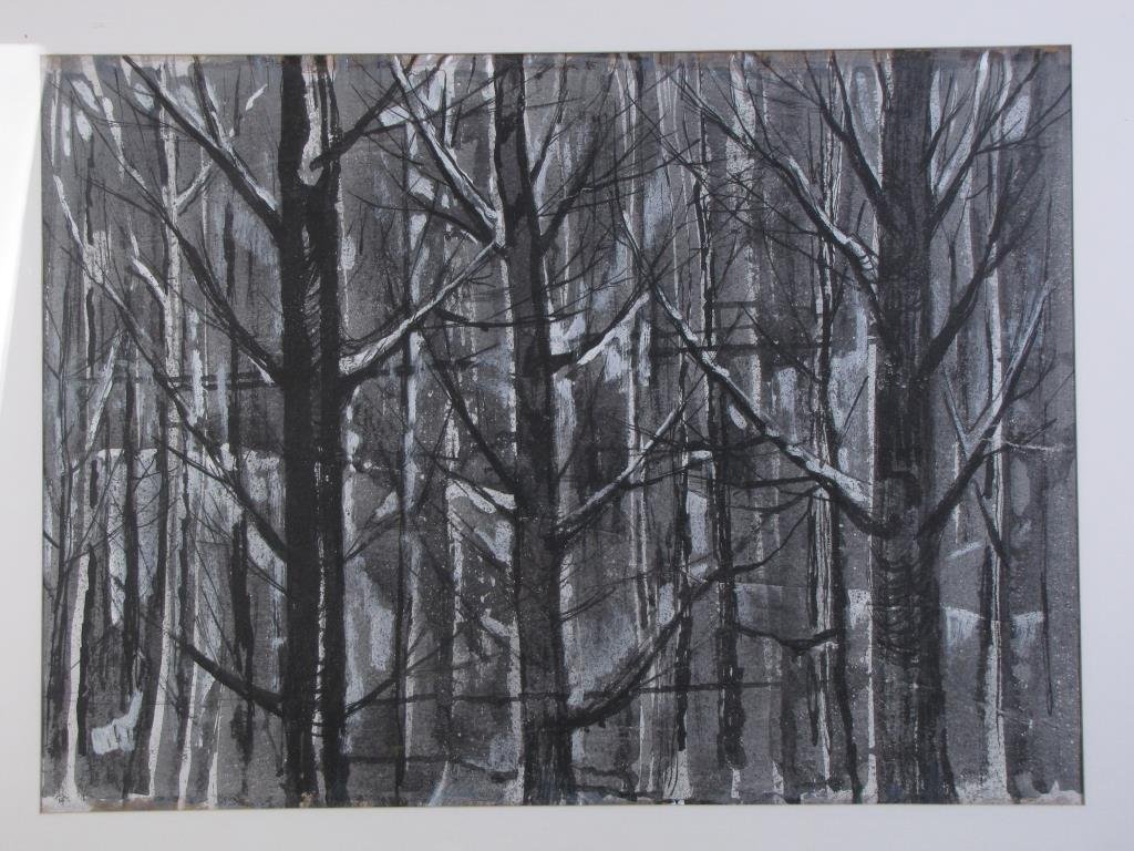 Harry A. Davis 21.5x29.5 M/M "Winter Woods": Harry A. Davis (IN, 1914 - 2006) 21.5x29.5 , M/M , SLR , "Winter Woods" Provenance: Estate of the artist artist's tag verso, signed by Lois Davis, painting executed 1965